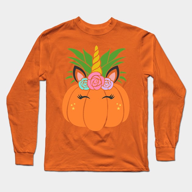 Pumpkin unicorn fall t-shirt Long Sleeve T-Shirt by Teeshirtmedley